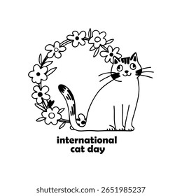 Elegant hand-drawn cat beside a floral wreath in ink textures, perfect for international cat day celebrations and pet-themed creative projects on a white background.