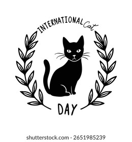 Elegant hand-drawn cat beside a floral wreath in ink textures, perfect for international cat day celebrations and pet-themed creative projects on a white background.