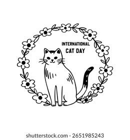 Elegant hand-drawn cat beside a floral wreath in ink textures, perfect for international cat day celebrations and pet-themed creative projects on a white background.