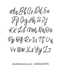 Elegant hand-drawn cursive English alphabet in uppercase and lowercase letters. Perfect for calligraphy, lettering, education, crafts, and design projects.