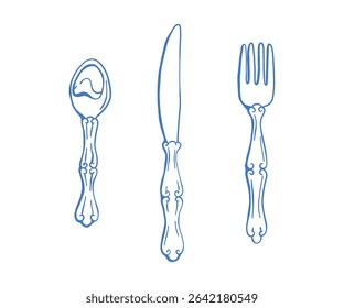 Elegant hand-drawn cutlery set with fork, knife, and spoon, Mediterranean kitchen aesthetic, blue delicate sketch, vintage culinary illustration, stylish dining concept