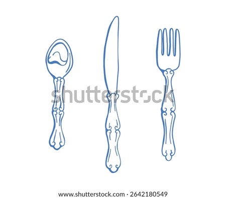 Elegant hand-drawn cutlery set with fork, knife, and spoon, Mediterranean kitchen aesthetic, blue delicate sketch, vintage culinary illustration, stylish dining concept