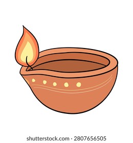 Elegant hand-drawn earthen Diya lamp in a side profile view vector illustration. Traditional Indian clay oil lamp with a burning flame for Diwali festival decorations, wellness logos, and holiday marketing materials.