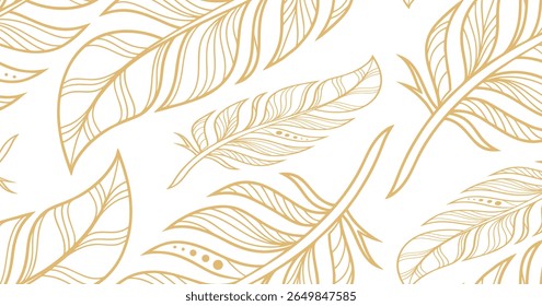 Elegant hand-drawn feather pattern with golden lines on white background, ideal for luxury packaging,  wallpaper, wedding textile prints, and refined natural-themed projects.