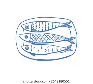 Elegant hand-drawn fish, culinary seafood illustration with Mediterranean aesthetic, detailed line work in blue, traditional cuisine concept, fresh and natural product