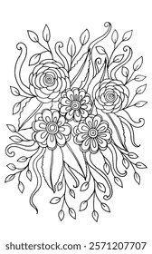 Elegant Hand-Drawn Floral Artwork Depicting Blossoms and Leaves in Intricate Detail