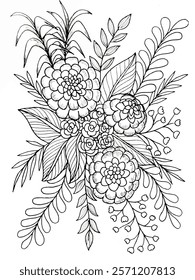 Elegant Hand-Drawn Floral Artwork Depicting Blossoms and Leaves in Intricate Detail