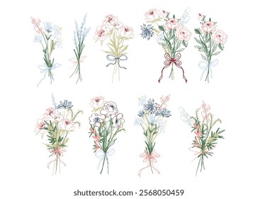 Elegant hand-drawn floral bouquets in pastel tones. Perfect for invitations, greeting cards, posters, and home decor. Includes various arrangements of flowers in minimalist and decorative vases