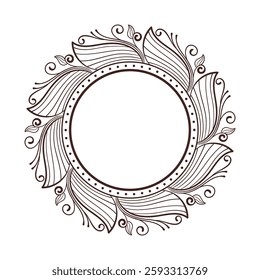 An elegant, hand-drawn floral circle design element. This vector illustration features an intricate pattern of stylized leaves and swirls.