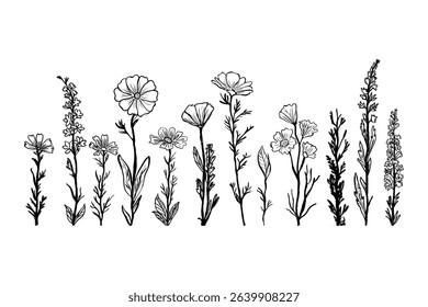 Elegant hand-drawn floral line art set featuring delicate flowers and botanical elements in a soft vintage silhouette style. Perfect for wedding invitations, packaging, logos, and branding design.
