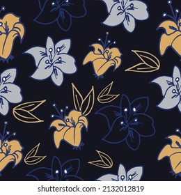 Elegant Hand-Drawn Floral Pattern: Illustration featuring a seamless pattern of hand-drawn lily flowers on a black background, perfect for vintage-style designs and artistic presentations