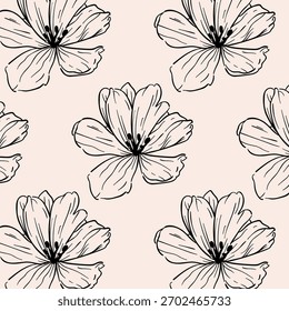 Elegant, hand-drawn floral seamless pattern in black and white on a pale background. A modern, minimalist aesthetic perfect for textiles, packaging, and digital design projects