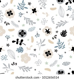 Elegant handdrawn floral trendy pattern in black and blue on white background. Seamless abstract repeat textile, gift wrap, wall art design. 