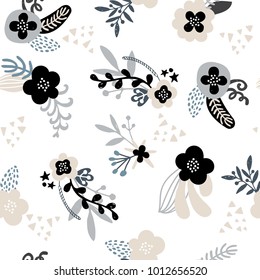 Elegant handdrawn floral trendy pattern in black and blue on white background. Seamless abstract repeat textile, gift wrap, wall art design. 