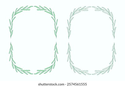 Elegant hand-drawn frame with filled and outlined leaves. Hand-drawn minimalist botanical frames for wedding invitations, eco-friendly projects, scrapbooking, etc.