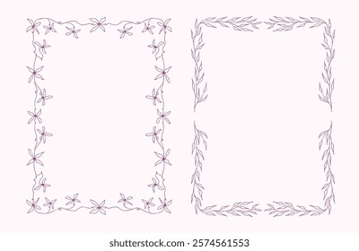 Elegant hand-drawn frames with subtle flowers and leaves. Minimalist vector set of outlined floral frames for wedding invitations, nature-inspired designs, eco-friendly projects, scrapbooking etc.