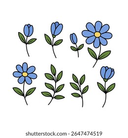 Elegant hand-drawn illustration of blue flowers and green leaves in a minimalist style. Perfect artwork for designs related to nature, gardening, and botanical themes, emphasizing simplicity and beaut