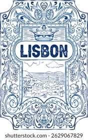Elegant hand-drawn illustration of Lisbon featuring traditional Portuguese tile motifs, ocean view, cityscape, and vintage decorative elements. Perfect for travel designs and souvenirs.