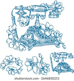 Elegante desenho à mão arte da linha de um telefone giratório antigo adornado com flores florescentes. Perfeito para projetos com tema vintage, convites de casamento ou elementos decorativos retrô. Este intrincado vetor-s