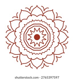 An elegant, hand-drawn mandala featuring symmetrical floral and geometric layers. The design is rendered in a warm reddish-brown line art on a clean white background.