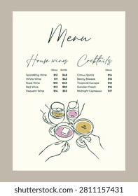 Elegant hand-drawn menu template featuring a whimsical line-art illustration of clinking cocktail and wine glasses. Perfect for restaurant, bar, cafe, wedding, or event drink menus.