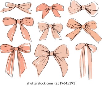 Elegant hand-drawn Pink ribbon bow cute Girly vector illustration set