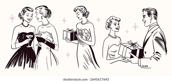 Elegant hand-drawn retro illustration of woman and a man exchanging gifts, toasting cocktails, and enjoying a stylish evening event.