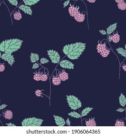 Elegant hand-drawn seamless pattern with branches of wild berries. Applicable for creating wrapping papers, wallpapers, fabrics and decorative backgrounds. Vector illustration.