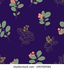 Elegant hand-drawn seamless pattern with branches of wild berries. Applicable for creating wrapping papers, wallpapers, fabrics and decorative backgrounds. Vector illustration.