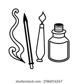 Elegant hand-drawn vector illustration of calligraphy ink bottles, perfect for digital design, lettering projects, artistic compositions, and vintage-themed artwork. 