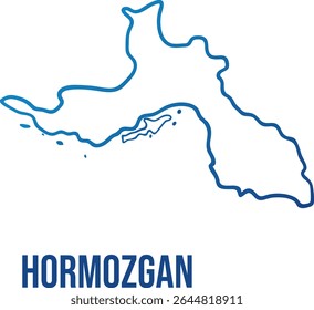 Elegante mapa de vetor desenhado à mão da província de Hormozgan no Irã. Apresenta contorno simplificado e contorno de gradiente azul para publicações de viagens, aulas de geografia, recursos políticos ou posts em blog.