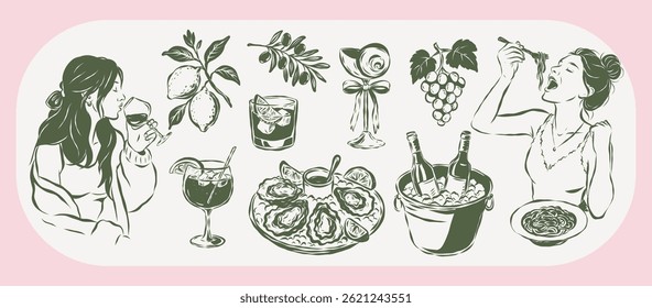 Vetor desenhado à mão elegante com mulheres apreciando vinho e massa, citrinos, uvas, azeitonas, ostras, coquetéis e garrafas. Inspirado pela cozinha italiana e estilo de vida de jantar