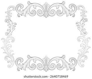 Elegant hand-drawn vintage flourish frame in classical baroque and victorian style. Perfect for invitations, certificates, branding, or retro design projects. This ornate grey outline is ideal for