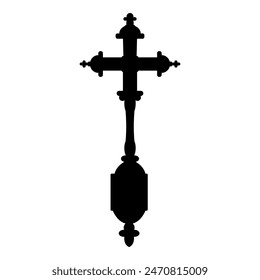 Elegant hand-held cross shape, ornamental outline, Christian symbol. Flat design illustration.