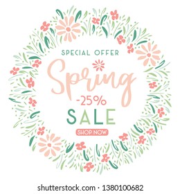 Elegant Hand-Painted Spring Sale Promotion Square Banner with Floral Wreath. Special Offer Social Media Graphics