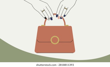 Elegant hands with dark manicured nails gently holding the handle of a classic brown leather designer handbag.