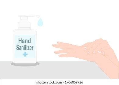 Elegant hands and hands sanitizer pump bottle with drop. hand disinfectant. person hygiene. free hands sanitizer. illustration vector.