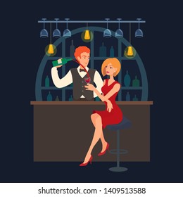 An elegant handsome bartender pours wine into a glass. Shelves with bottles. Wine glasses hanging from above. Young adult beautiful blonde girl in a red dress smiling. Vector on a dark background.