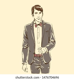 Elegant handsome groom in smoking jacket and bowtie. Standing and posing. Sketch silhouette of man, line artwork for invitation or banner. Vector fashion illustration of fiance, freehand