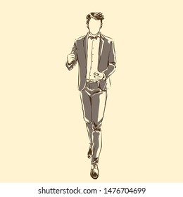 Elegant handsome groom in smoking jacket and bowtie. Standing and posing. Sketch silhouette of man, line artwork for invitation or banner. Vector fashion illustration of fiance, freehand