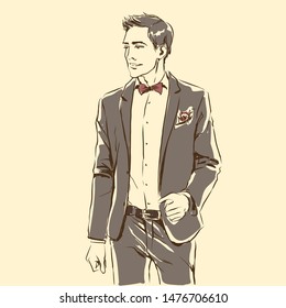 Elegant handsome groom in smoking jacket and bowtie. Standing and posing. Sketch silhouette of man, line artwork for invitation or banner. Vector fashion illustration of fiance, freehand