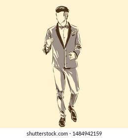 Elegant handsome groom in smoking jacket and bowtie. Standing and posing. Sketch silhouette of man, line artwork for invitation or banner. Vector fashion illustration of fiance, freehand