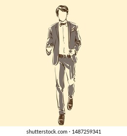 Elegant handsome groom in smoking jacket and bowtie. Standing and posing. Sketch silhouette of man, line artwork for invitation or banner. Vector fashion illustration of fiance, freehand