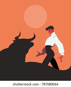 Elegant and handsome Spanish flamenco dancer, dancing in front of a bull under the sun or the moon