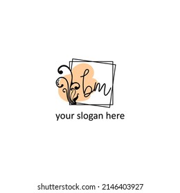 Elegant handwritten letter BM template with square frame and leaf design, creative vector illustration. Perfect for fashion, jewelry, beauty salon, cosmetics, spa, or business card initial.