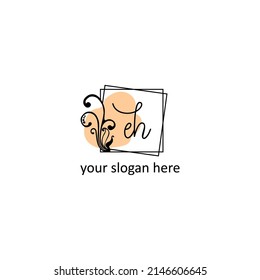 Elegant handwritten letter EH template with square frame and leaf design, creative vector illustration. Perfect for fashion, jewelry, beauty salon, cosmetics, spa, or business card initial.