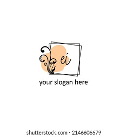 Elegant handwritten letter EI template with square frame and leaf design, creative vector illustration. Perfect for fashion, jewelry, beauty salon, cosmetics, spa, or business card initial.