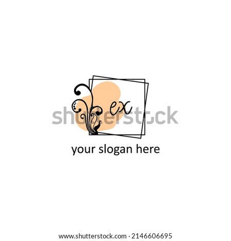 Elegant handwritten letter EX template with square frame and leaf design, creative vector illustration. Perfect for fashion, jewelry, beauty salon, cosmetics, spa, or business card initial.