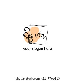 Elegant handwritten letter VM template with square frame and leaf design, creative vector illustration. Perfect for fashion, jewelry, beauty salon, cosmetics, spa, or business card initial.