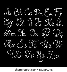 Elegant handwritten letters. Calligraphy cursive font for design: badges, logos, prints, posters, postcards. Typography, decorative graphic design. Vector illustration on a black background.